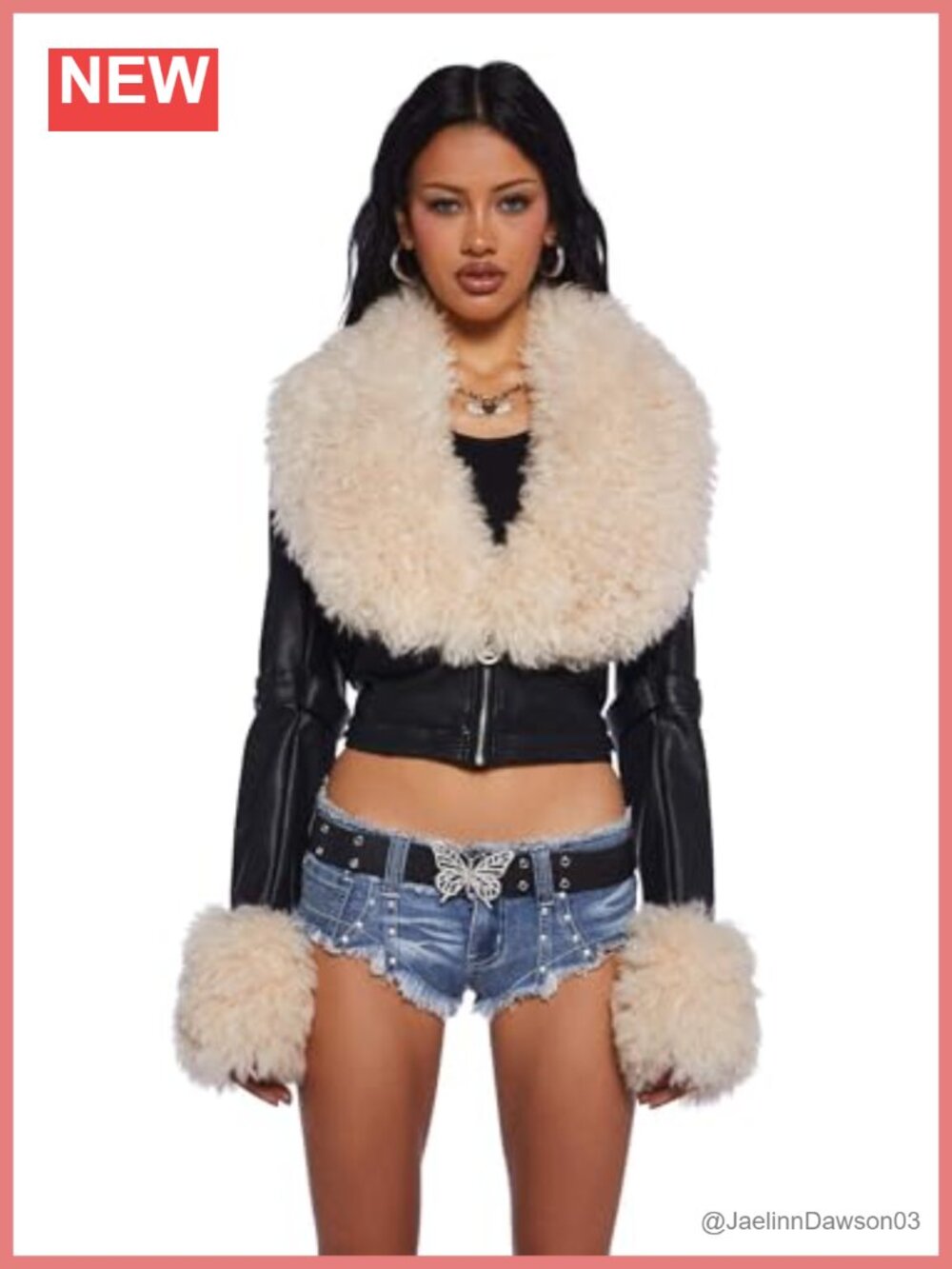 Cropped Vegan Leather Moto Jacket Faux Fur Trim Zip Buckle Women's